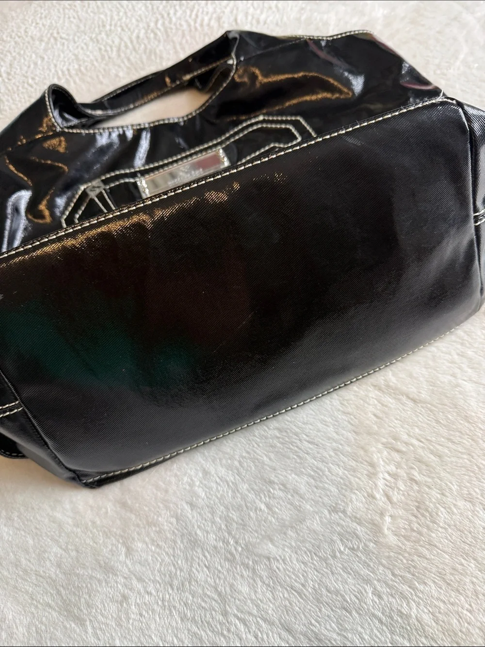 Maxx New York Black Patent PVC Tote Shoulder Bag White Contrast Stitch Y2K